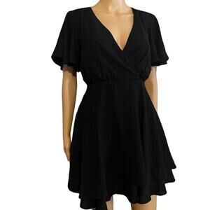 Women's Black Skater Wrap Dress XS V-Neck Flutter Sleeve